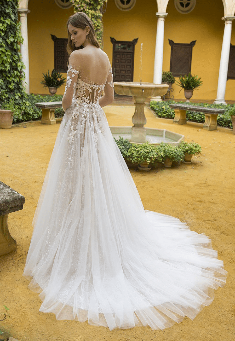Blue by Enzoani Bridal Gown - Pheonix includes a matching removable beaded nude illusion jacket/overlay Bridal Gown