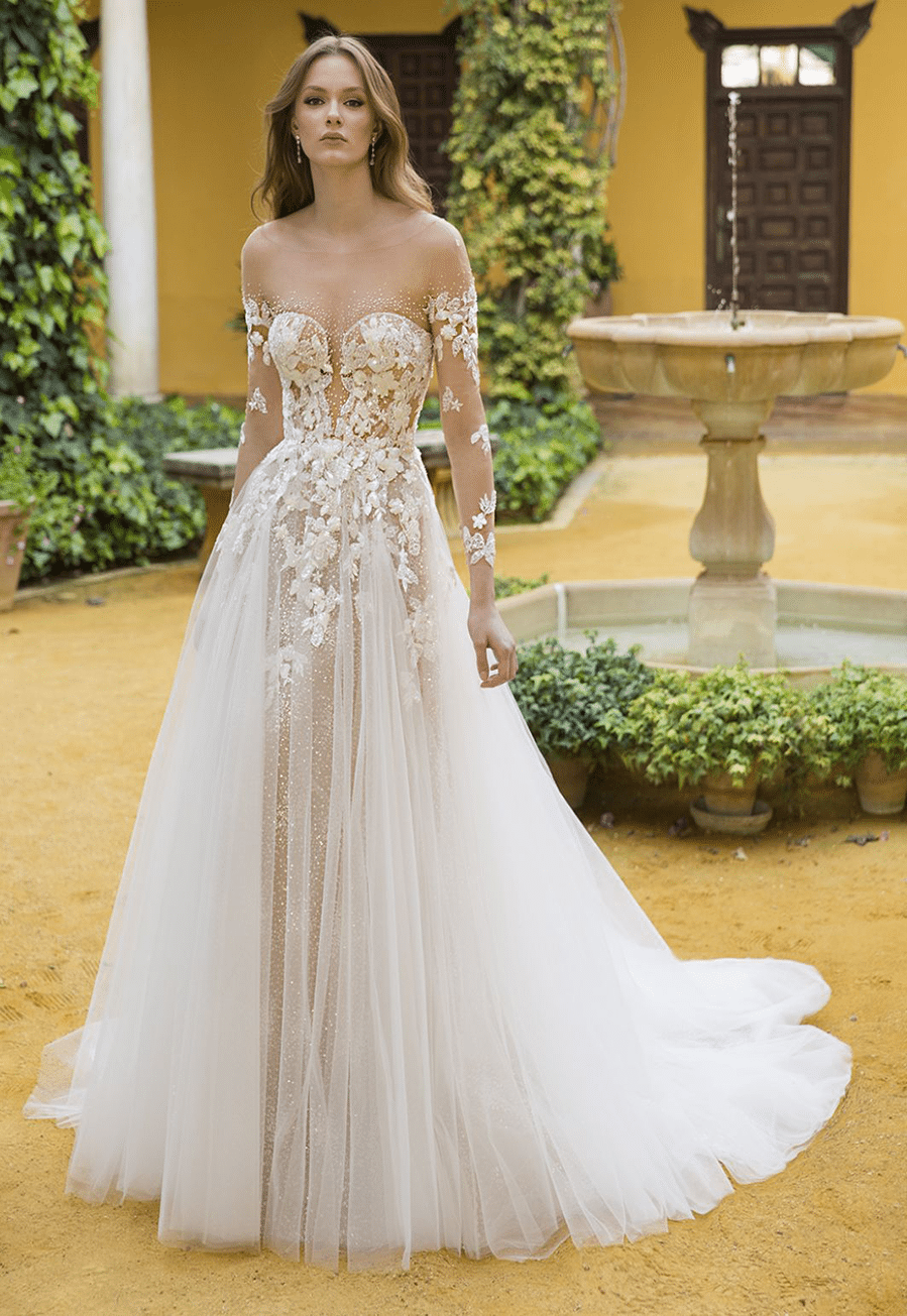 Blue by Enzoani Bridal Gown - Pheonix includes a matching removable beaded nude illusion jacket/overlay Bridal Gown