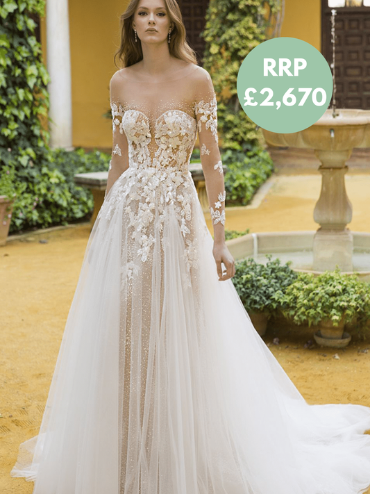 Blue by Enzoani Bridal Gown - Pheonix includes a matching removable beaded nude illusion jacket/overlay Bridal Gown
